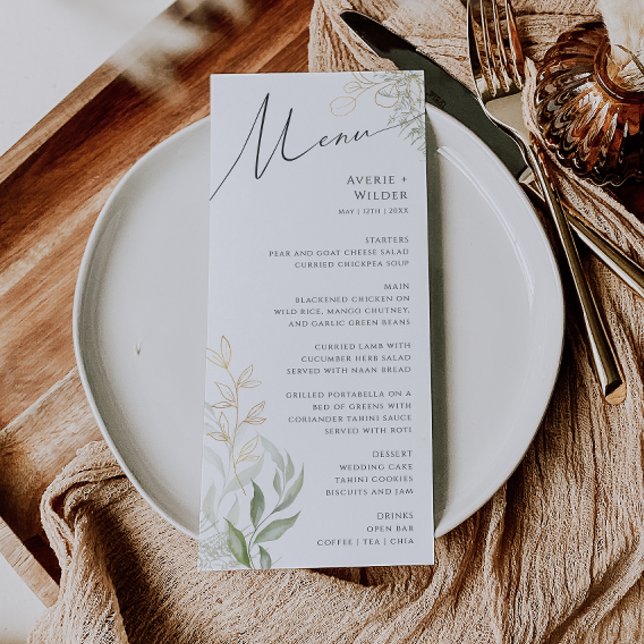 Whimsical Greenery und Gold Wedding Dinner Menü Menükarte (Von Creator hochgeladen)