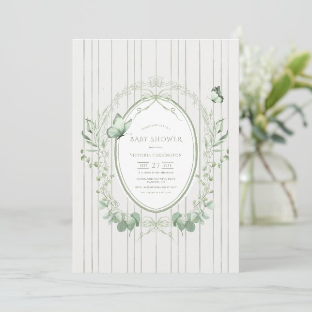 Whimsical Greenery Vintage Baby Shower Einladung (Stehend Vorderseite)