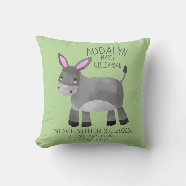 Whimsical Grey Donkey Green Child's Name Birthdate Kissen (Vorderseite)