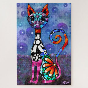 Whimsical große Augen funky abstrakte Kitty-Katze Puzzle