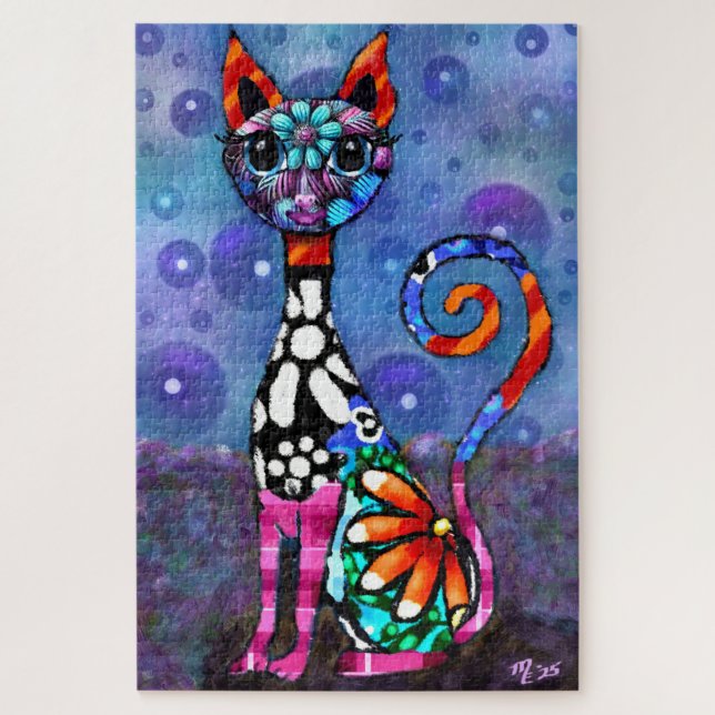 Whimsical große Augen funky abstrakte Kitty-Katze Puzzle (Vertikal)