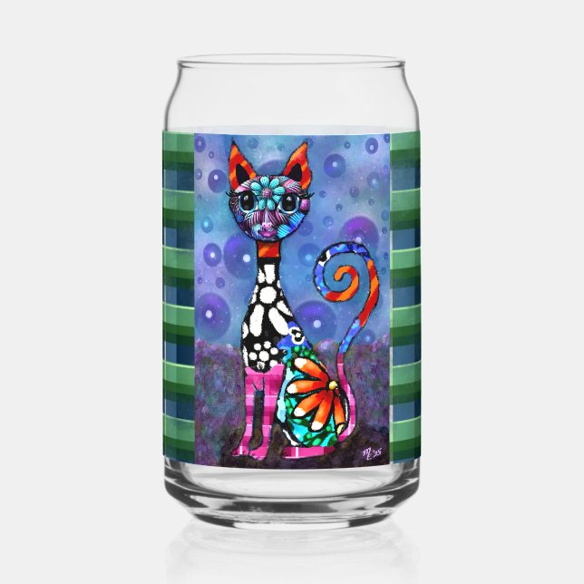 Whimsical große Augen funky Kitty Katze Abstract Dosenglas (Vorderseite)