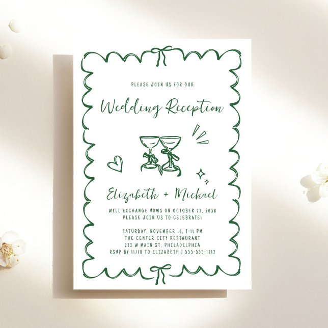 Whimsical Grüne Hochzeitsfeier Handgezeichnet Einladung (Whimsical Hand Drawn Green Wedding Reception Invitation)