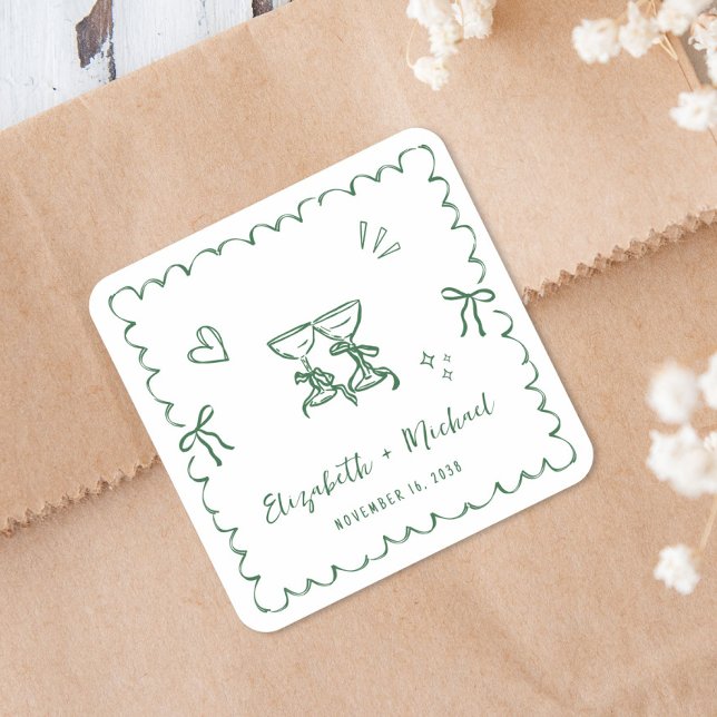 Whimsical grüne wellige Rahmenhochzeit Quadratischer Aufkleber (Whimsical Green Wavy Frame Wedding Square Sticker)