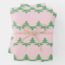 Whimsical Grünen Weihnachtsbäume auf Blassrosa Geschenkpapier Set