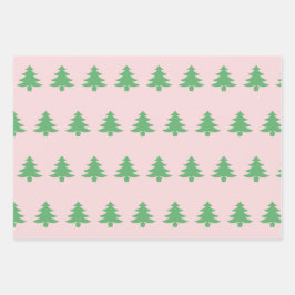 Whimsical Grünen Weihnachtsbäume auf Blassrosa Geschenkpapier Set
