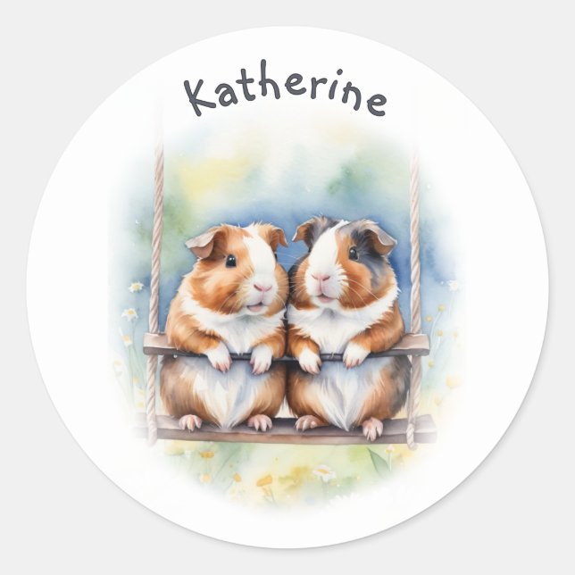 Whimsical Guinea Pigs on a Swing Personalized Runder Aufkleber (Vorderseite)