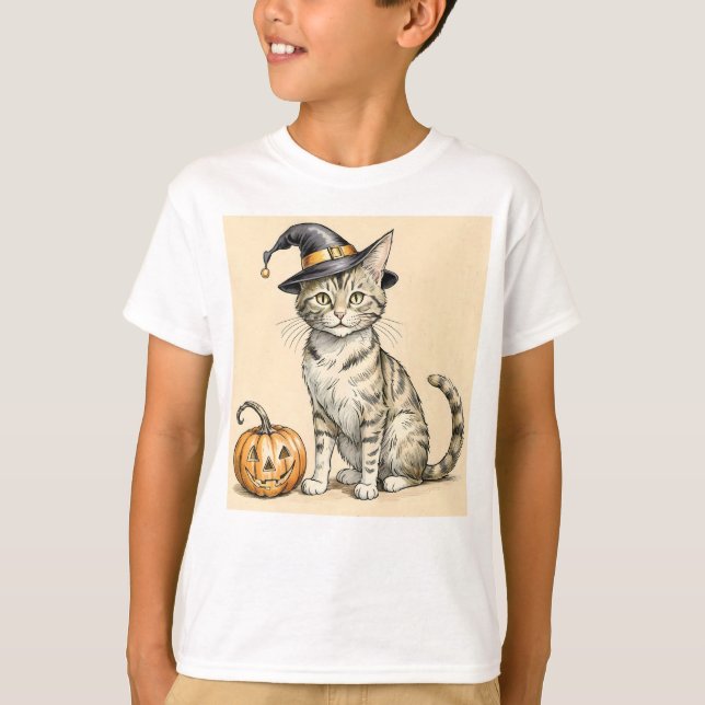 Whimsical Halloween Cat, Halloween Witchy Cat,     T-Shirt (Vorderseite)