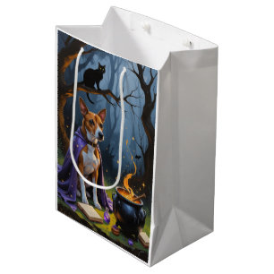 Whimsical-Halloween-Gemälde eines Basenji-Hundes Mittlere Geschenktüte