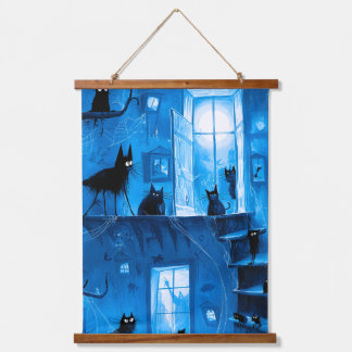 Whimsical Halloween Gothic Gruselige Schwarze Katz Wandteppich Mit Holzrahmen
