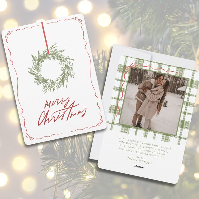 Whimsical Hand Draath Wreath Foto Weihnachten (Whimsical Hand Drawn Wreath Photo Christmas Holiday Card)