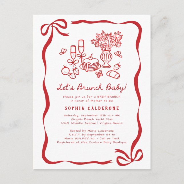 Whimsical Hand Drawing Baby Dusche Brunch Postkarte (Vorderseite)