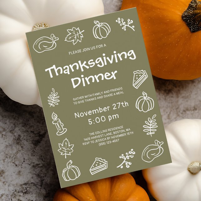 Whimsical Hand Drawing Green Erntedank Dinner Einladung (Whimsical Hand Drawn Green Thanksgiving Dinner Invitation)