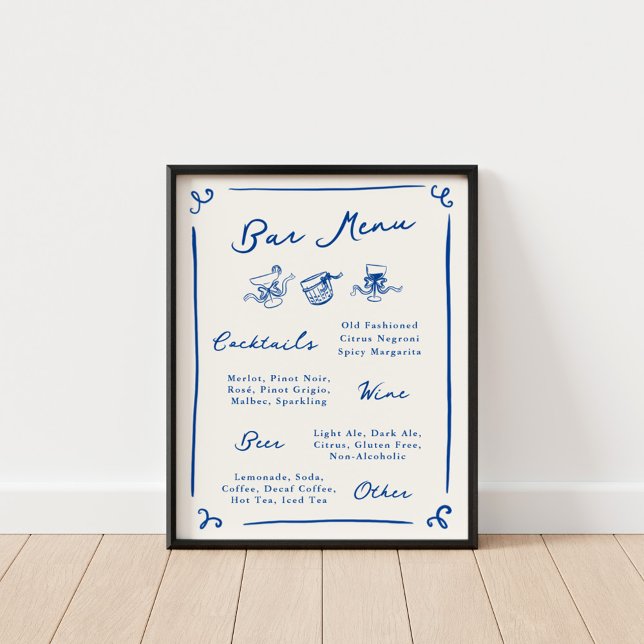 Whimsical Hand Drawing Navy Bar Menu Poster (Von Creator hochgeladen)