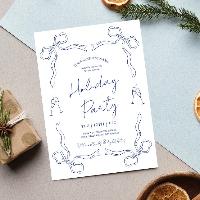 Whimsical Hand Drawing Navy Business Holiday Party Einladung (Elegant blue and white winter business invitation for the holiday season)