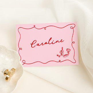 Whimsical Hand Drawing Rosa & Rote Platzkarte Tischnummer