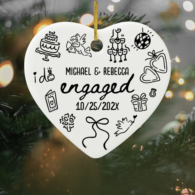 Whimsical Hand Drawing Verlobung Weihnachten Keramik Ornament (Newly Engaged Christmas Ornament)
