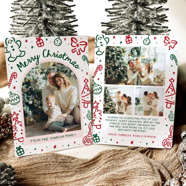 Whimsical Hand Drawn Arch Foto Frohe Weihnachten (Whimsical Hand Drawn Arch Photo Merry Christmas Holiday Card)