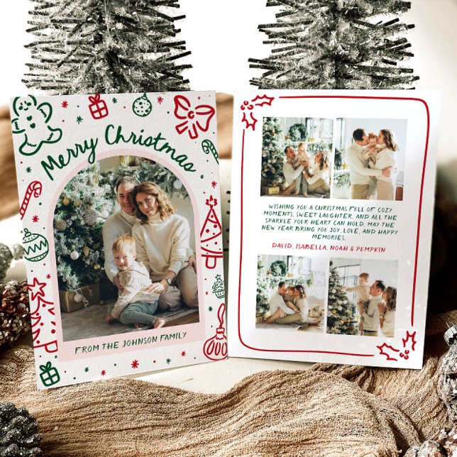 Whimsical Hand Drawn Arch Foto Frohe Weihnachten (Whimsical Hand Drawn Arch Photo Merry Christmas Holiday Card)