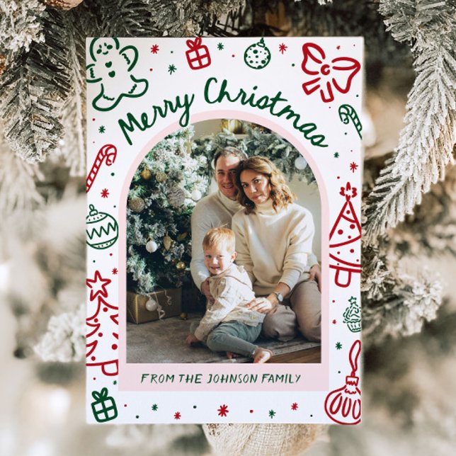 Whimsical Hand Drawn Arch Foto Frohe Weihnachten (Whimsical Hand Drawn Arch Photo Merry Christmas Holiday Card)