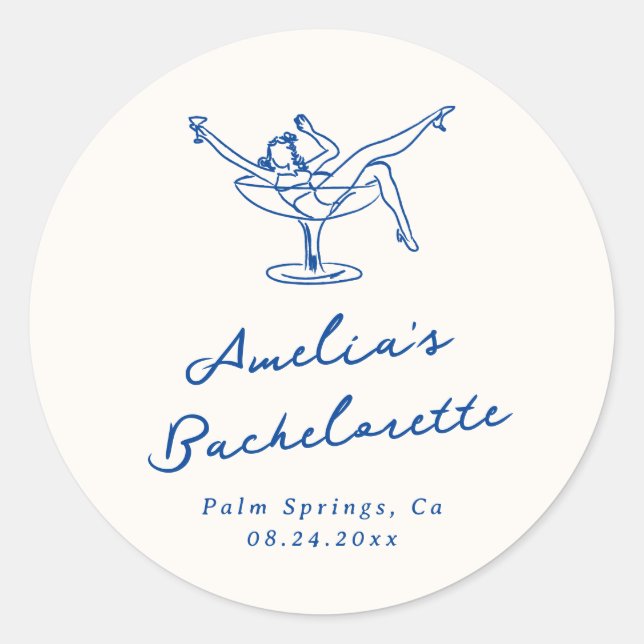 Whimsical Hand Drawn Blue Bachelorette Runder Aufkleber (Vorderseite)
