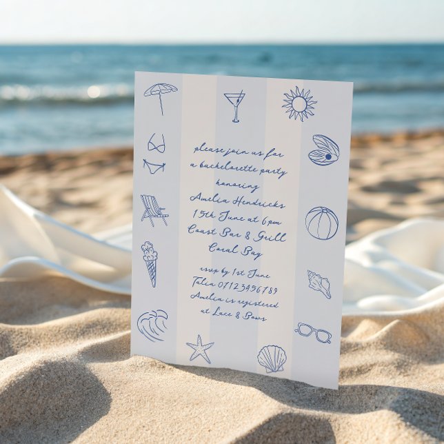 Whimsical Hand Drawn Blue Beach Bachelorette Einladung (Von Creator hochgeladen)