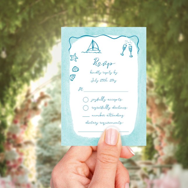 Whimsical Hand Drawn Blue Beach Thema RSVP Karte (Von Creator hochgeladen)