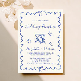 Whimsical Hand Drawn Blue Cream Hochzeitsempfang Einladung
