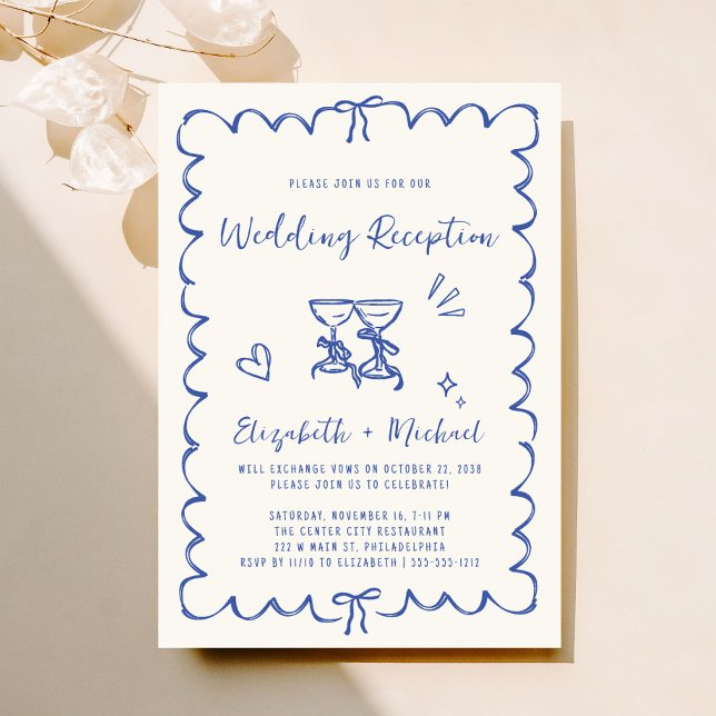 Whimsical Hand Drawn Blue Cream Hochzeitsempfang Einladung (Fun reception invitation featuring whimsical hand drawn wine glasses with hearts + coquette bows)