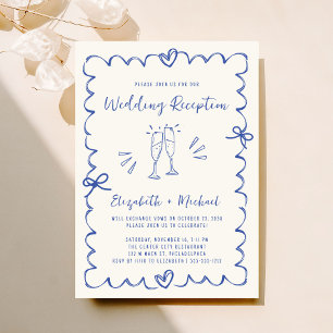 Whimsical Hand Drawn Blue Cream Hochzeitsempfang Einladung