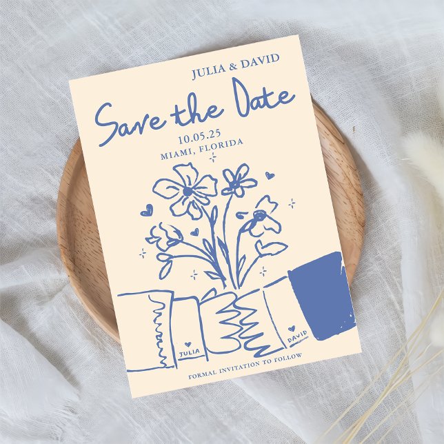 Whimsical Hand Drawn Blue Floral Wedding Save The Date (Von Creator hochgeladen)