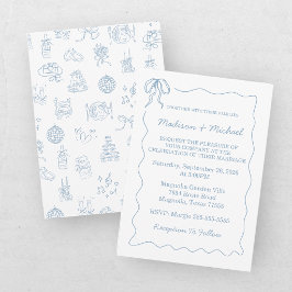 Whimsical Hand Drawn Blue Illustriert Wedding Einladung