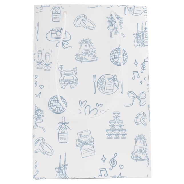 Whimsical Hand Drawn Blue Illustriert Wedding Mittlere Geschenktüte (Vorderseite)