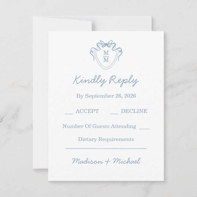 Whimsical Hand Drawn Blue Illustriert Wedding RSVP Karte (Vorderseite)