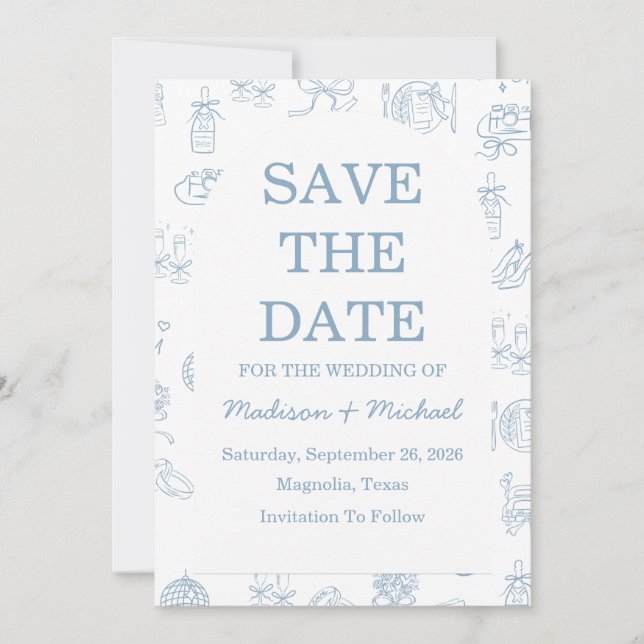 Whimsical Hand Drawn Blue Illustriert Wedding Save The Date (Vorderseite)