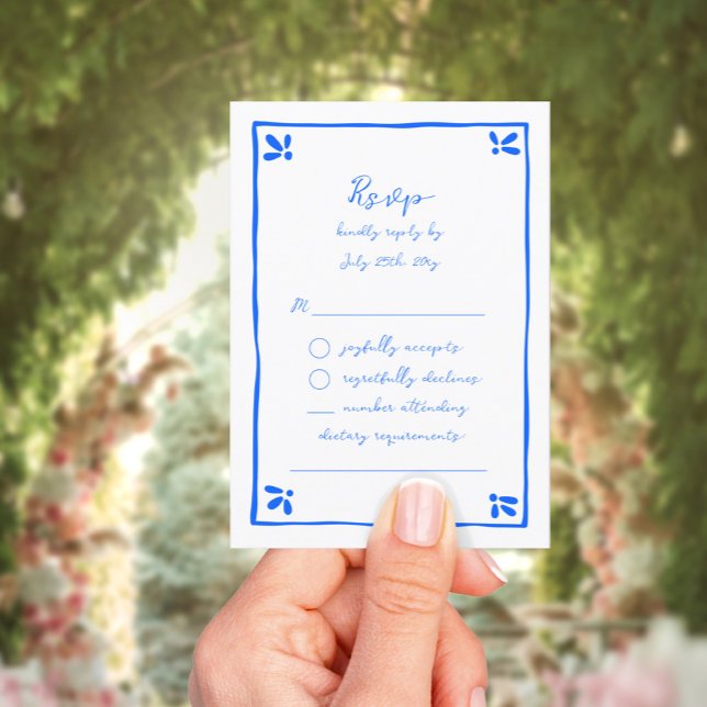 Whimsical Hand Drawn Blue Mediterrane Thema RSVP Karte (Von Creator hochgeladen)