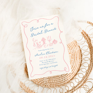 Whimsical Hand Drawn Blue & Pink Bridal Brunch Einladung