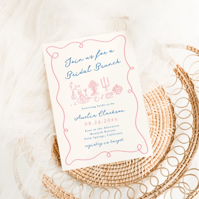 Whimsical Hand Drawn Blue & Pink Bridal Brunch Einladung (Von Creator hochgeladen)