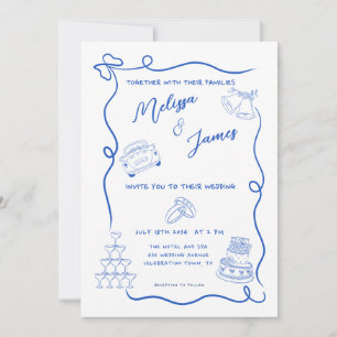 Whimsical Hand Drawn Blue Quirky Wedding Einladung