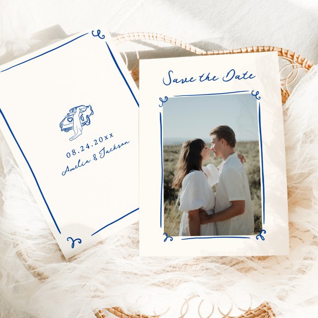 Whimsical Hand Drawn Blue Save the Date Einladung (Von Creator hochgeladen)
