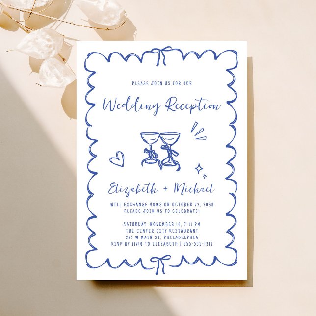 Whimsical Hand Drawn Blue Wedding Empfang Einladung (
Fun reception invitation featuring whimsical hand drawn wine glasses with hearts + coquette bows)