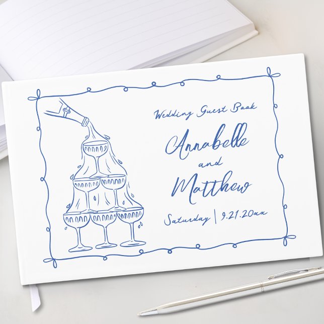 Whimsical Hand Drawn Blue Wedding Gästebuch (Whimsical Retro Hand Drawn Blue Wedding Guest Book)