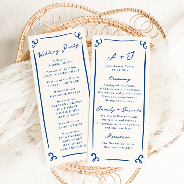 Whimsical Hand Drawn Blue Wedding Program + Party Menükarte (Von Creator hochgeladen)