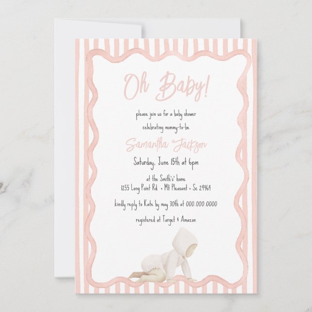 Whimsical Hand Drawn Blush Pink Girl Baby Shower Einladung (Vorderseite)