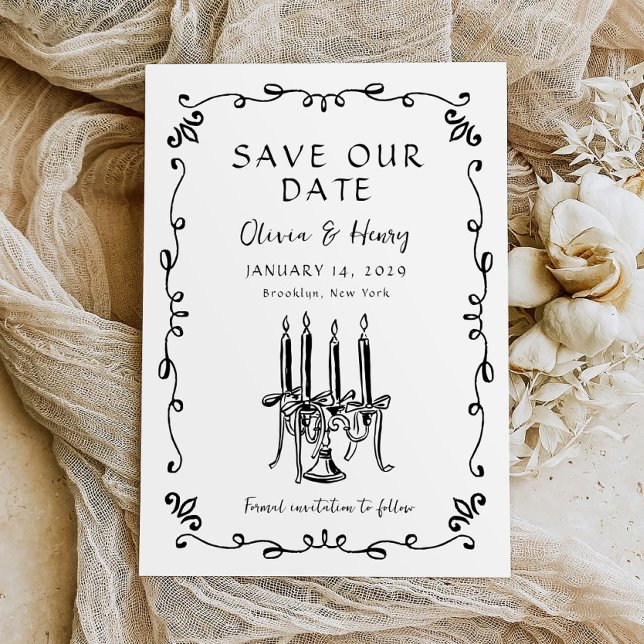 Whimsical Hand Drawn Bow Candelabra Save the Date Einladung (Von Creator hochgeladen)