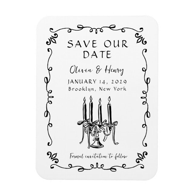 Whimsical Hand Drawn Bow Candelabra Save the Date Magnet (Vertikal)