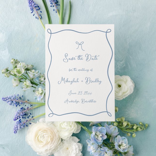 Whimsical Hand Drawn Bow Dusty Blue Wedding Save The Date (Von Creator hochgeladen)