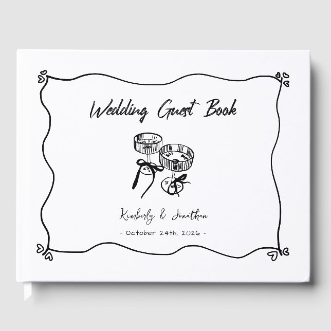 Whimsical Hand Drawn Champagne Brillen Hochzeit Gästebuch (Vorderseite)