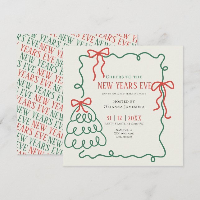 Whimsical Hand Drawn Champagne New Years Eve Party Einladung (Vorne/Hinten)