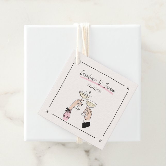 Whimsical Hand Drawn Champagne Toast Wedding Geschenkanhänger (Beispiel)